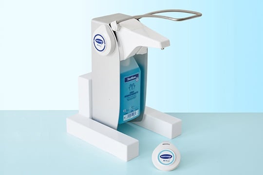 Sterillium® disinfectant dispenser equipped with NosoEx® Bluetooth sensor.