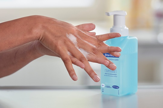 Close-up of hand disinfection with Sterillium®.