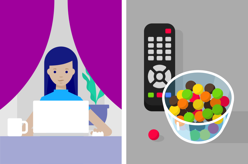 Illustration of woman at home: working all day at her desk and eating on the couch in the evening. 