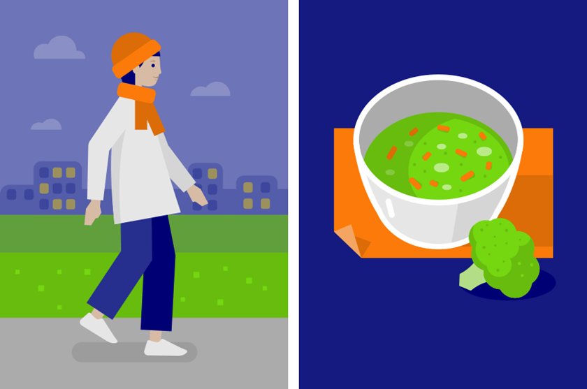 Illustration of woman: taking a walk outside on her lunch break and eating healthy at the dinner table in the evening.
