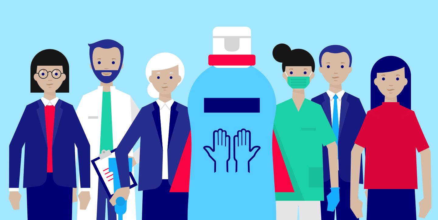 Illustration of people standing behind a Sterillium® bottle that is wearting a superhero’s cape – together we are strong.