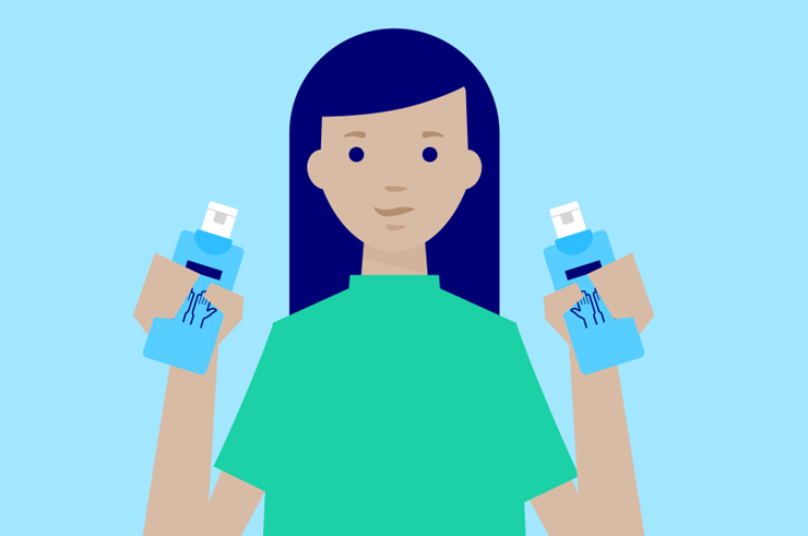Illustration of woman behind counter with blue Sterillium® bottle in front of her.