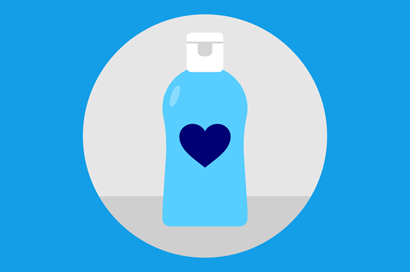 Illustration of hand holding blue Sterillium® bottle, blue nail polish on its fingers and a blue wristband.