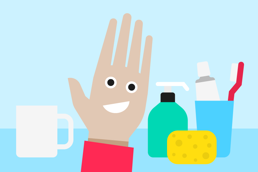 Hand illustration with fingers going through a morning routine 