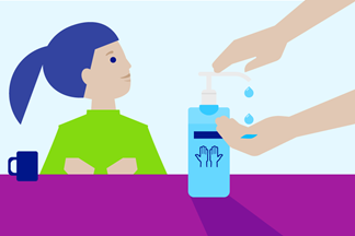 hand disinfectant and wipes are used by adult hands to disinfect hands, child watches
