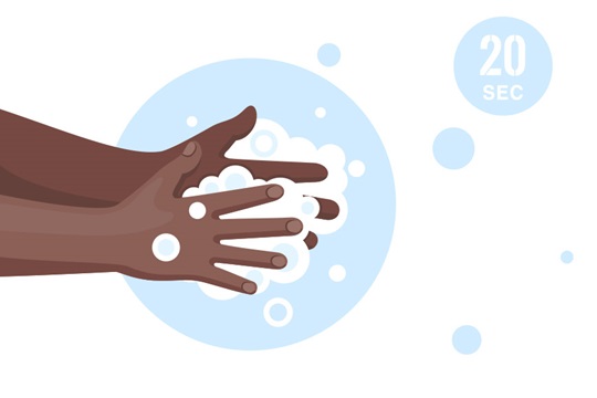 Graphic of black hands soaping with an indication: 20 seconds.