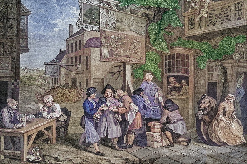 People wearing the typical 18th century harem pants, long skirts, and wigs in a street scene.