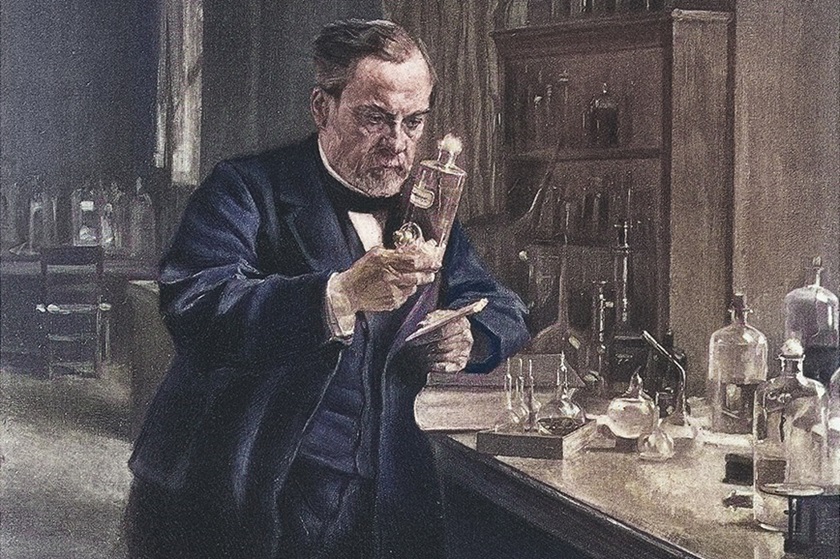 Drawing of Louis Pasteur in the laboratory.