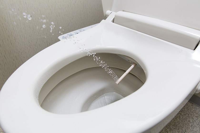 A bidet shower placed directly in the toilet, under the toilet seat.