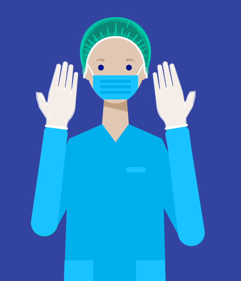 Illustration of a doctor wearing a medical mask and surgical gloves.
