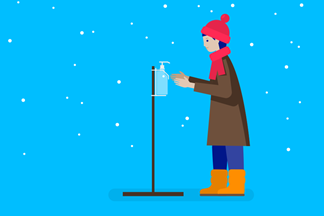 Illustration: A woman in winter clothing disinfects her hands.