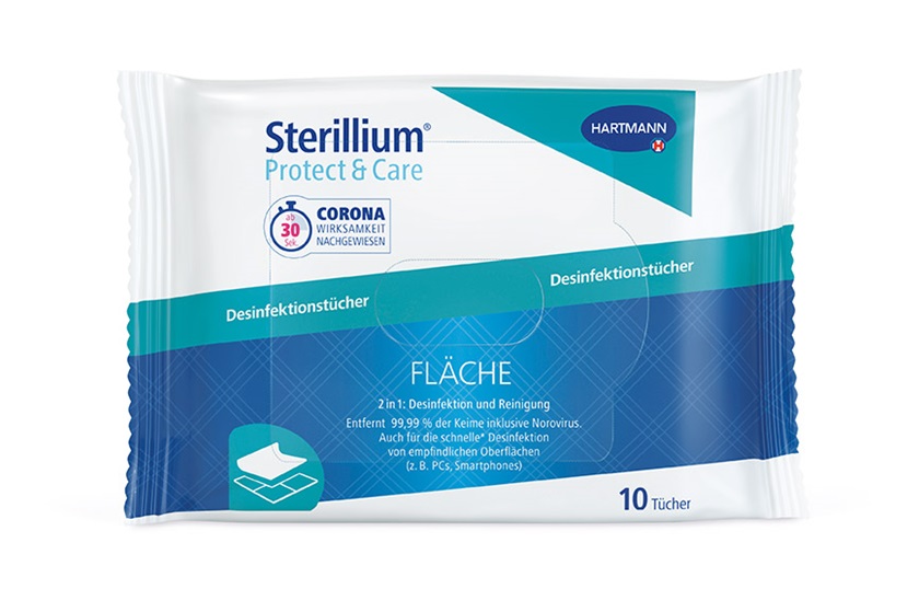 One pack of Sterillium® Protect & Care disinfectant wipes surface.