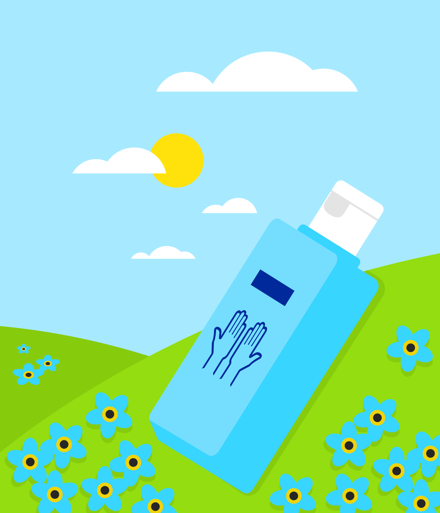 Illustration Sterillium® bottle in sunny field of forget-me-nots